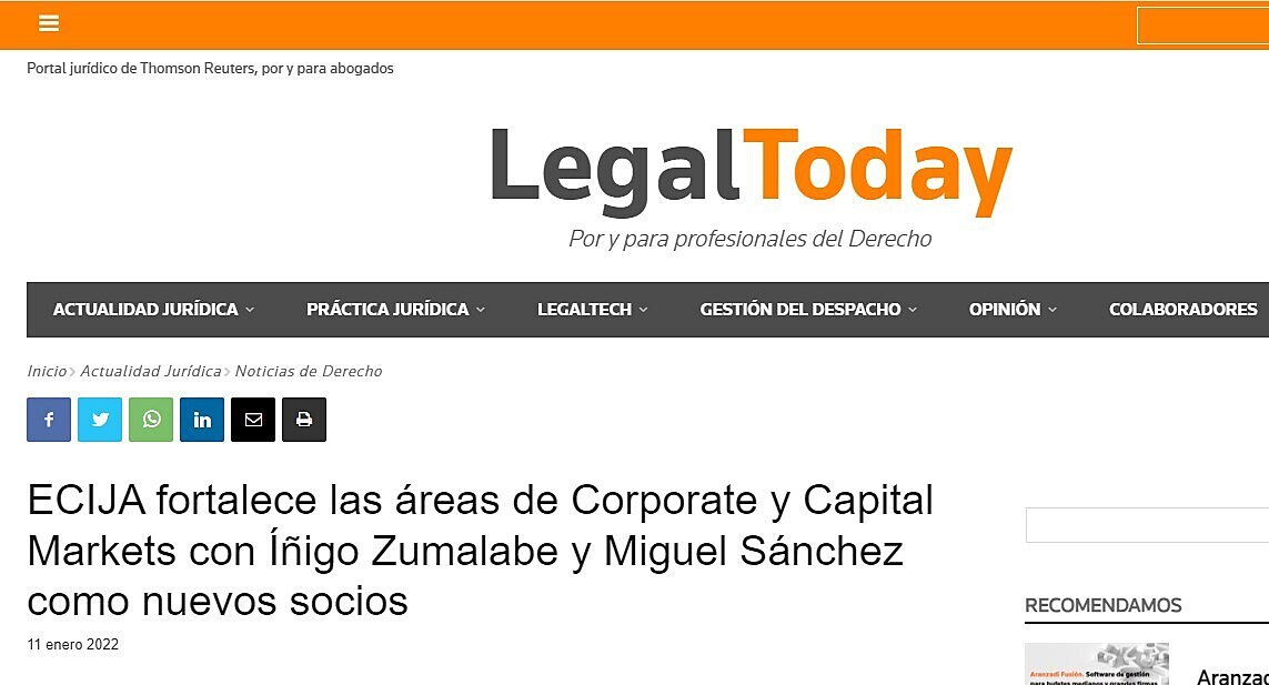 ECIJA fortalece las reas de Corporate y Capital Markets con igo Zumalabe y Miguel Snchez como nuevos socios